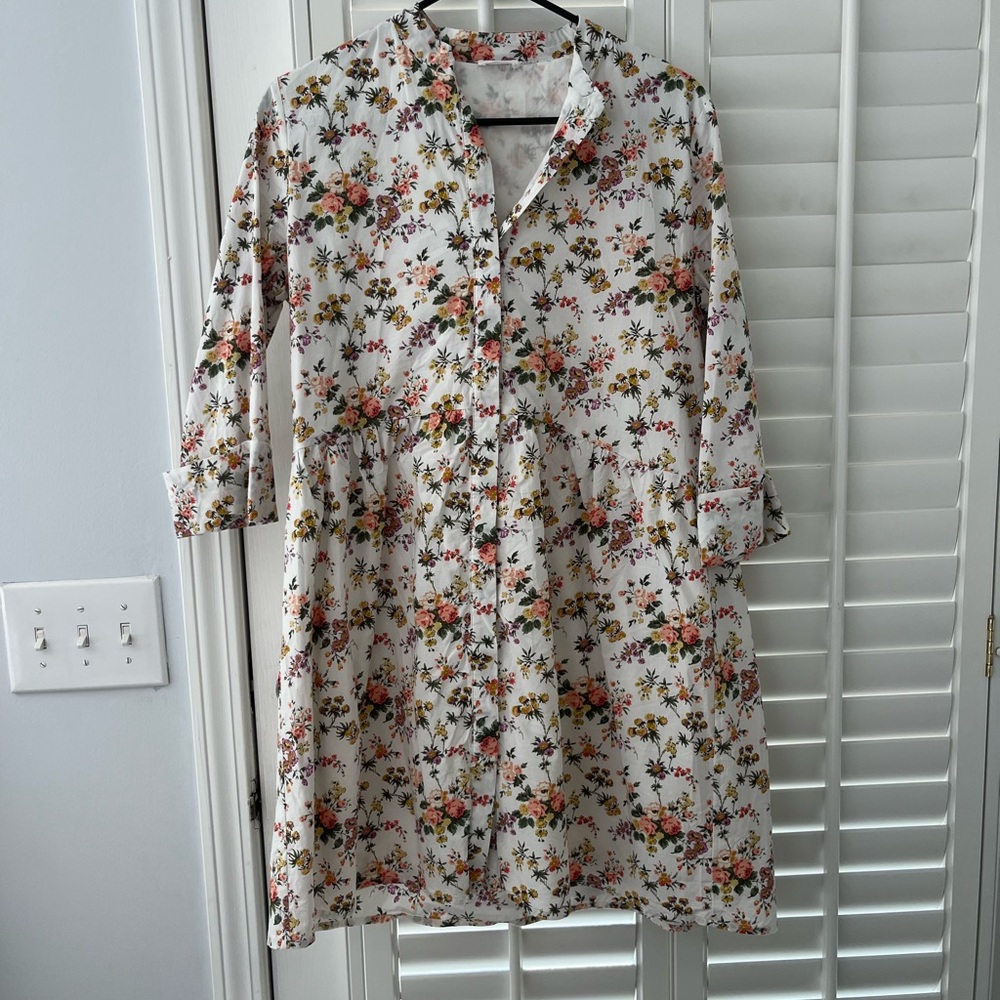 Cream Floral Long Sleeve Sundress with Notched Collar